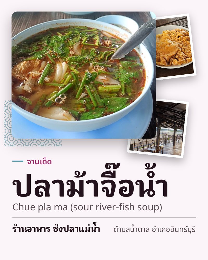 จานเด็ด: ปลาม้าจื๊อน้ำ (Chue pla ma (sour river-fish soup)) · ร้านอาหาร ซ้งปลาแม่น้ำ · ตำบลน้ำตาล อำเภออินทร์บุรี